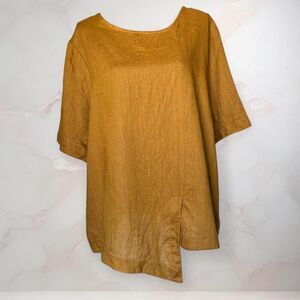 Lisa Bayne Women's Linen Blouse Size XL Mustard Asymmetrical Lagenlook Artsy